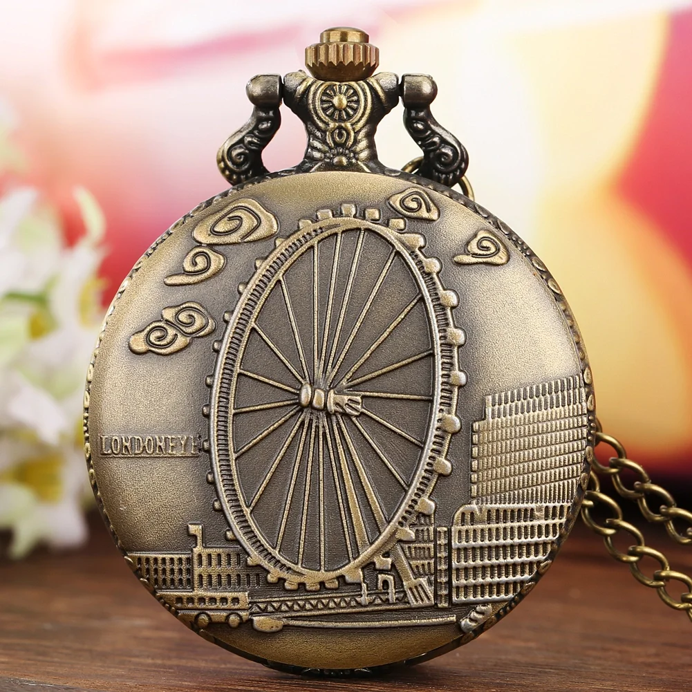 Vintage Bronze London Eye/Big Ben/Bridge Stone Herren- und Damen-Taschenuhr-Halskette, berühmte Geschenke der Scenic Spot-Serie