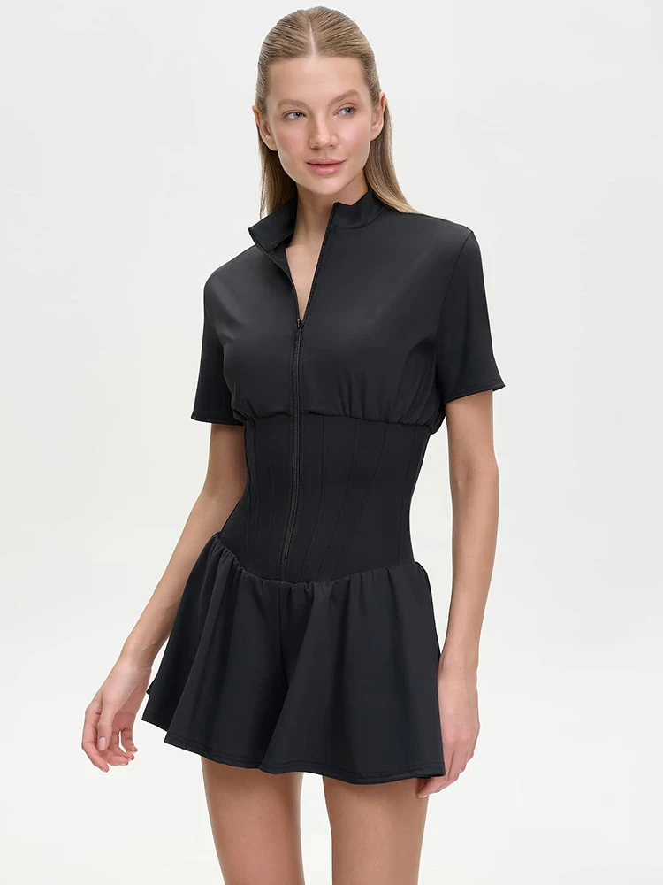 Mozision 2026 Kurzarm Casual Sportlicher Playsuit Damen Overall Mode Reißverschluss Hohe Taille Locker Sitzender Fitness-Romper Damen-Playsuits Image