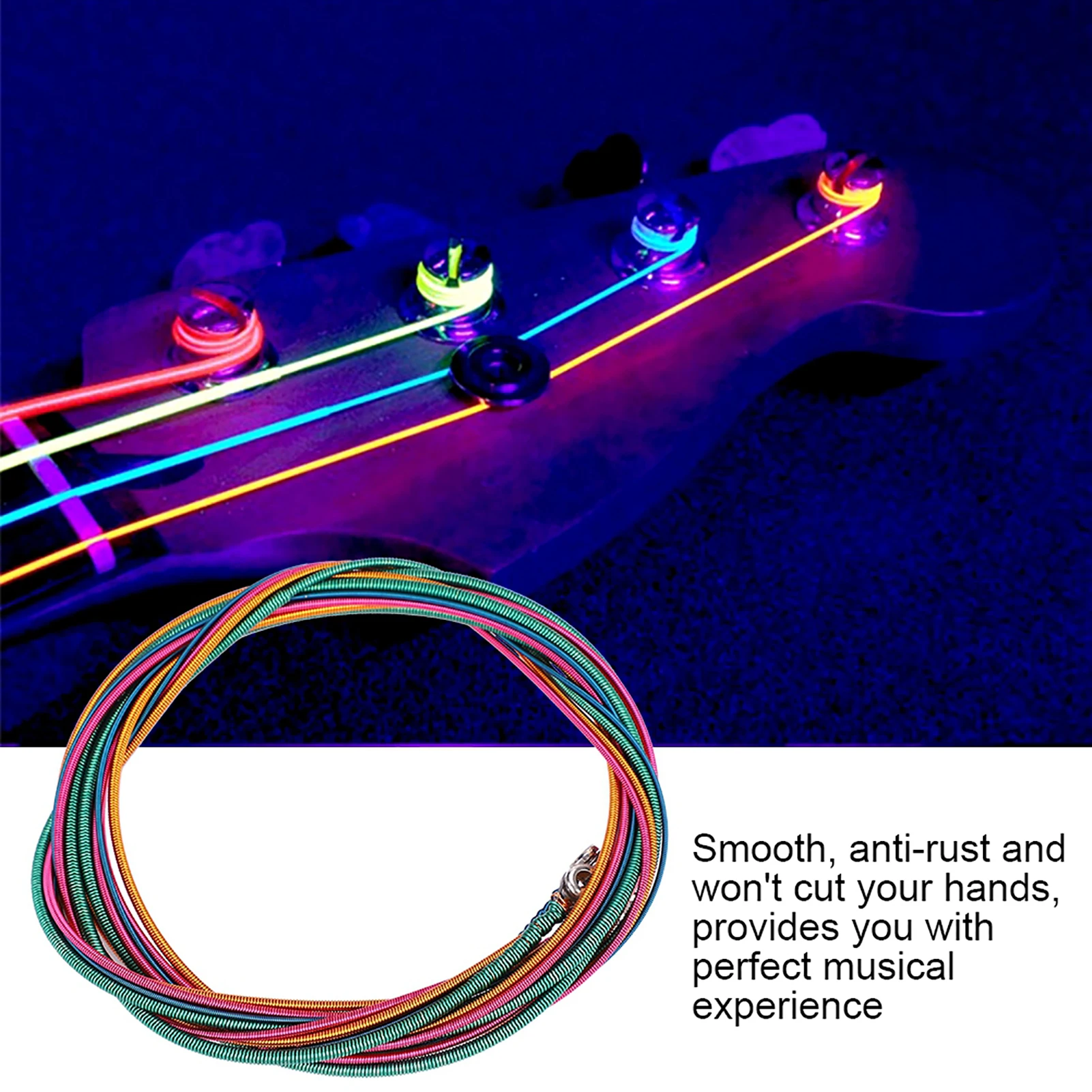 4 bunte Saiten-E-Bass-Saiten-Set, Gitarrensaiten-Set, Lichtmessgerät,.04 bis.100 DIY-Saiten-Set aus Edelstahl Image
