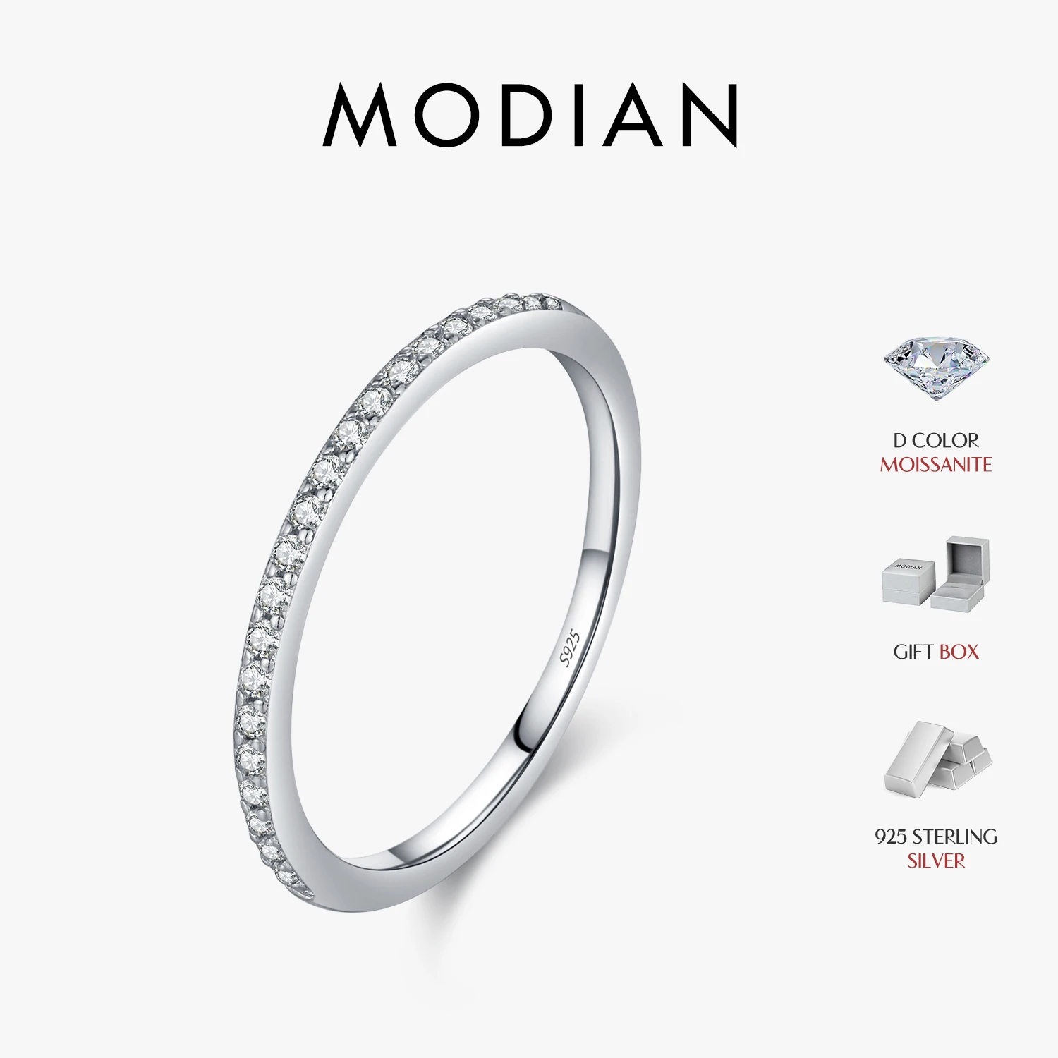 MODIAN Einfacher Eternity-Moissanit-Ring aus 925er-Sterlingsilber, funkelnder einfacher dünner Ehering-Ring für Frauen, edler Schmuck Image