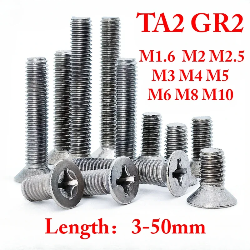10 Stück M1,6 M2 M2,5 M3 M4 M5 M6 M8 x 3 4 5 6 8 10 12–50 mm Länge TA2 GR2 Titan-Phillips-Kreuzsenkkopfschrauben mit flachem Kopf Image