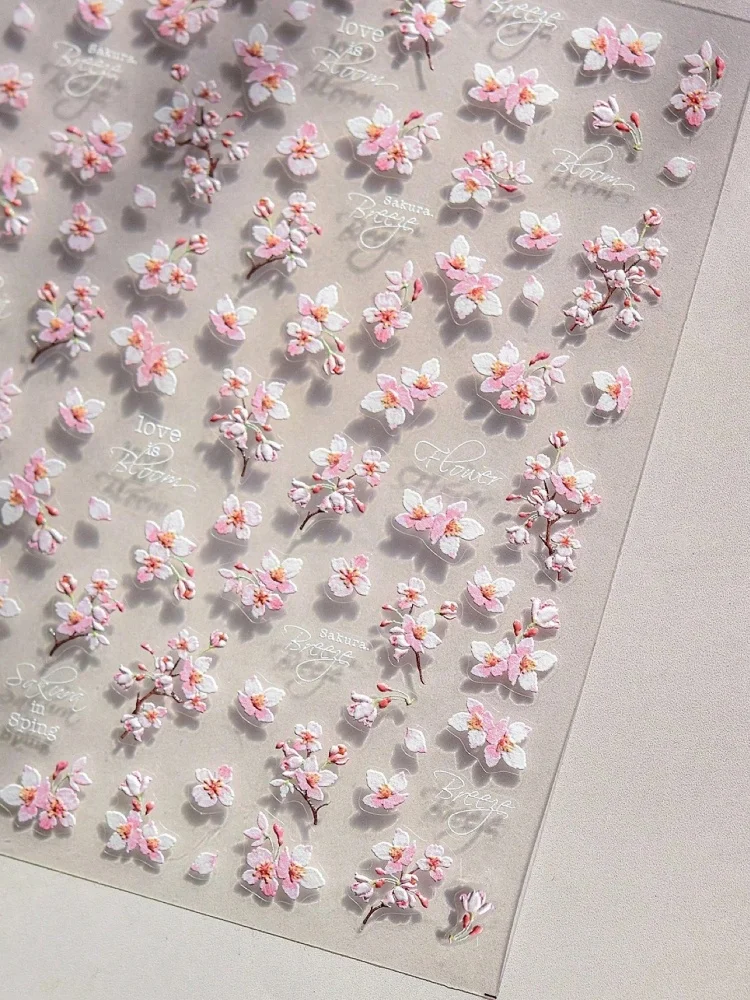 3 Stück 5D geprägte Nagelaufkleber mit Kirschblüten-Design, Frühlings-Nageldekorationsaufkleber, selbstklebende Nagelprodukte für Damen Image