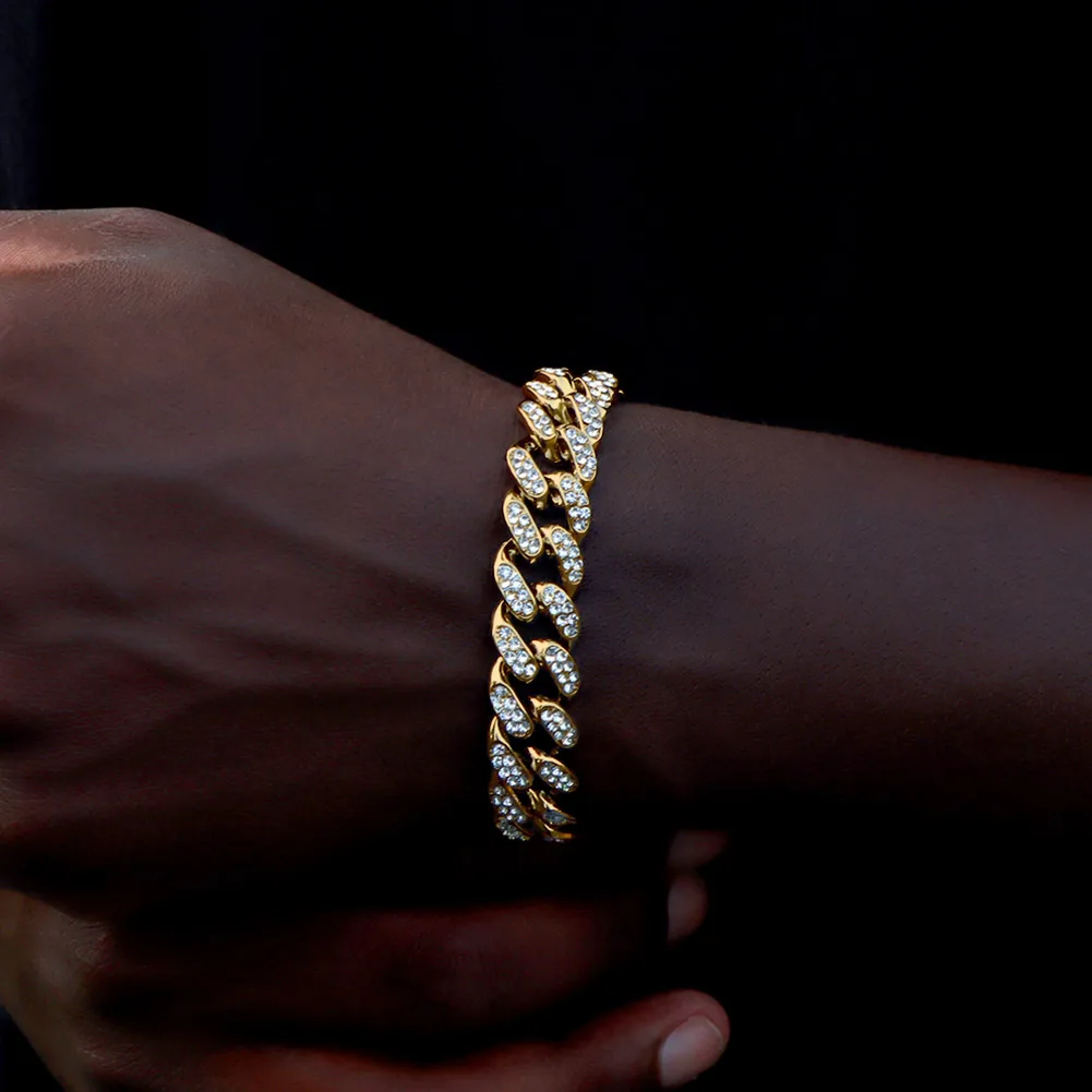 Hip-Hop Cuban Link Armband für Männer und Frauen, Vereister Strass Gold Silber Farbe Miami Kette, Unisex Bling Schmuck Geschenk