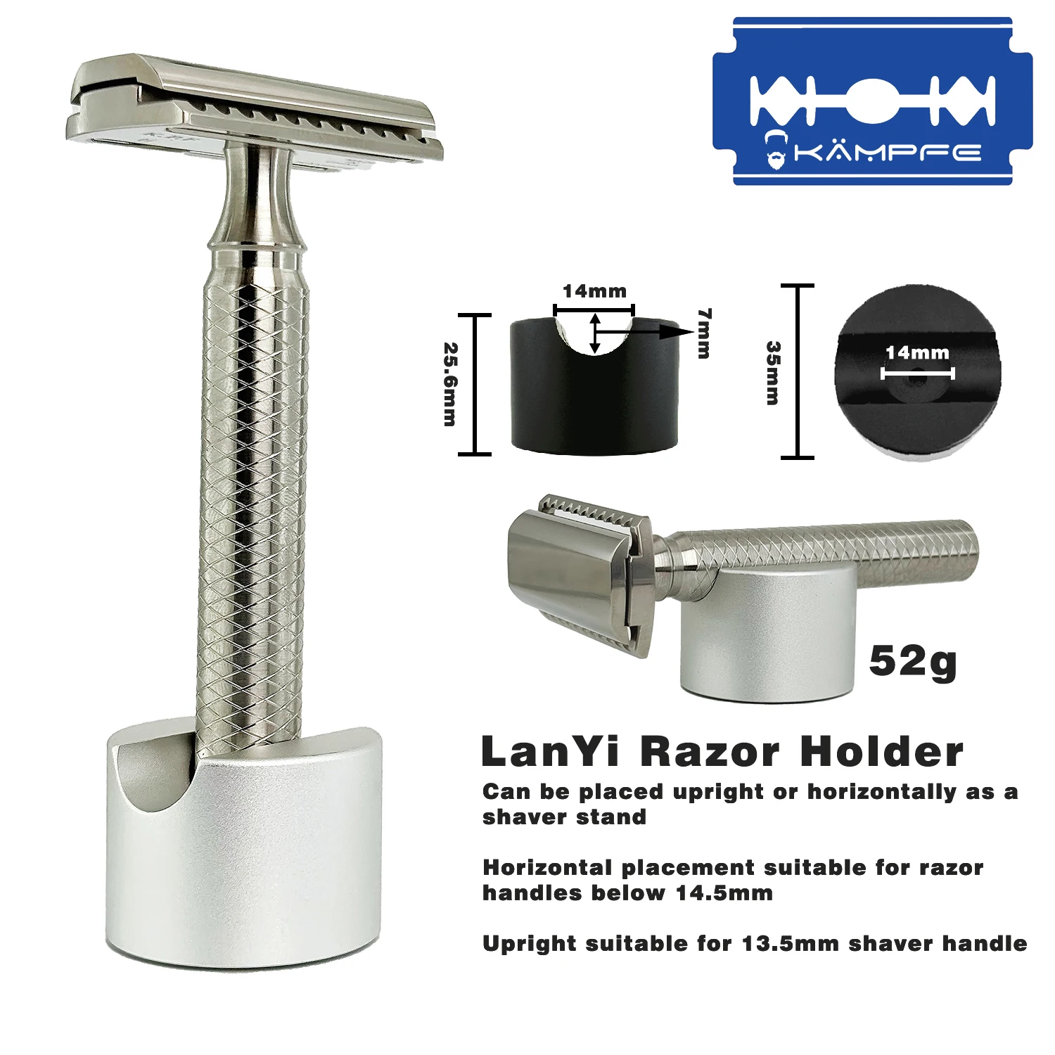 KAMPFE kann vertikal und horizontal Aluminium-Rasiererhalterungen für die meisten Rasierergriffe wie Muhlé, Nodachi, Fatip, Merkur platzieren. Image