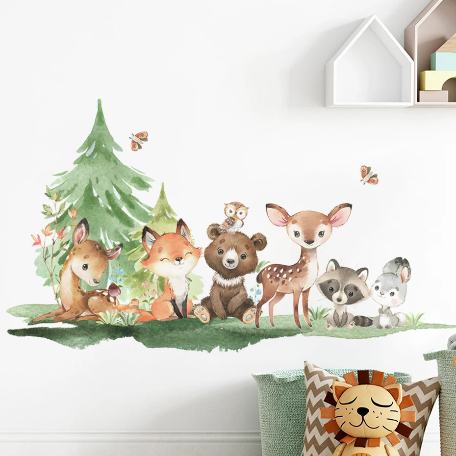 Waldtiere Thema Bär Hirsch Kaninchen Kinder Wandaufkleber für Kinderzimmer Babyzimmer Dekoration Tapete Wandtattoos Kinderzimmer