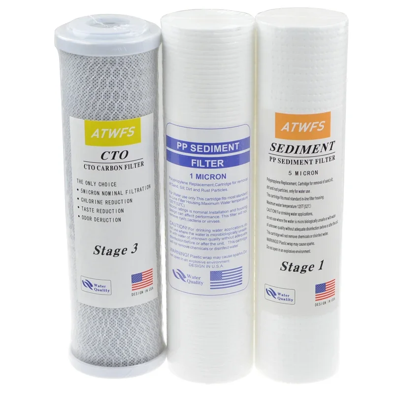 10-Zoll-Wasserreinigerfilter, 5 Mikron PP-Baumwollfilter + 1 Mikron PP-Filter + Aktivkohlefilterkartusche