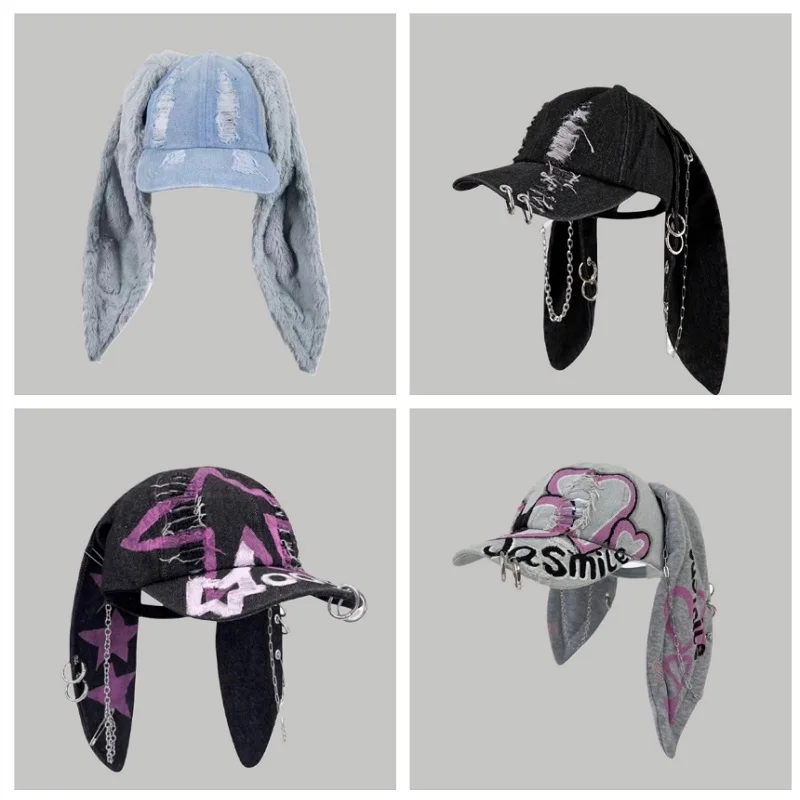 Von Prominenten inspirierte Niche Rabbit Ear Denim Ripped Baseball Cap Washed Graffiti Hip-Hop Sun Hat Trendy Cap Image