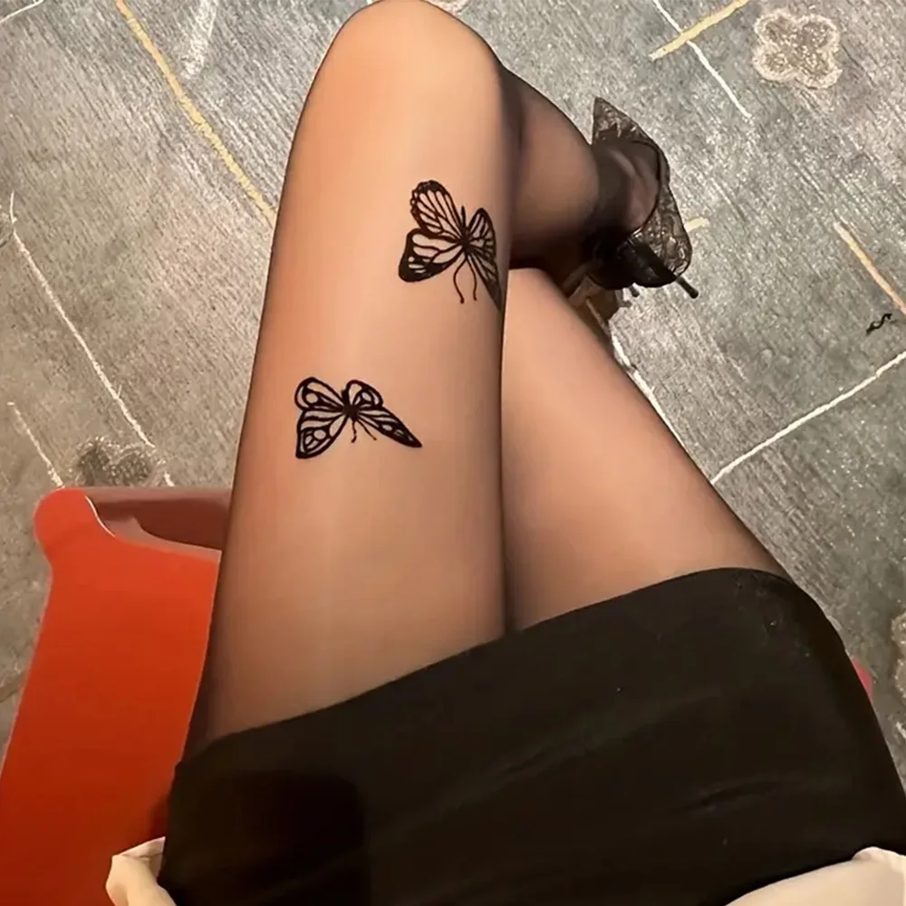 Sexy Frauen schwarze Strumpfhosen Vintage Y2K Schmetterling Druck transparente Seide Strumpfhosen Mädchen Lolita Sommer dünne enge hohe Strümpfe Image