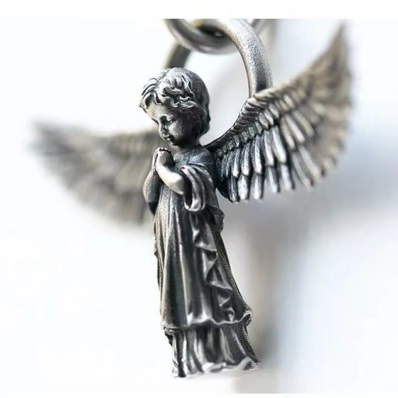 Mode Silber Farbe Schutz Engel Anhänger Halskette Männer und Frauen Persönlichkeit Engel Flügel Gebet Anhänger Halskette Paar Geschenk Image