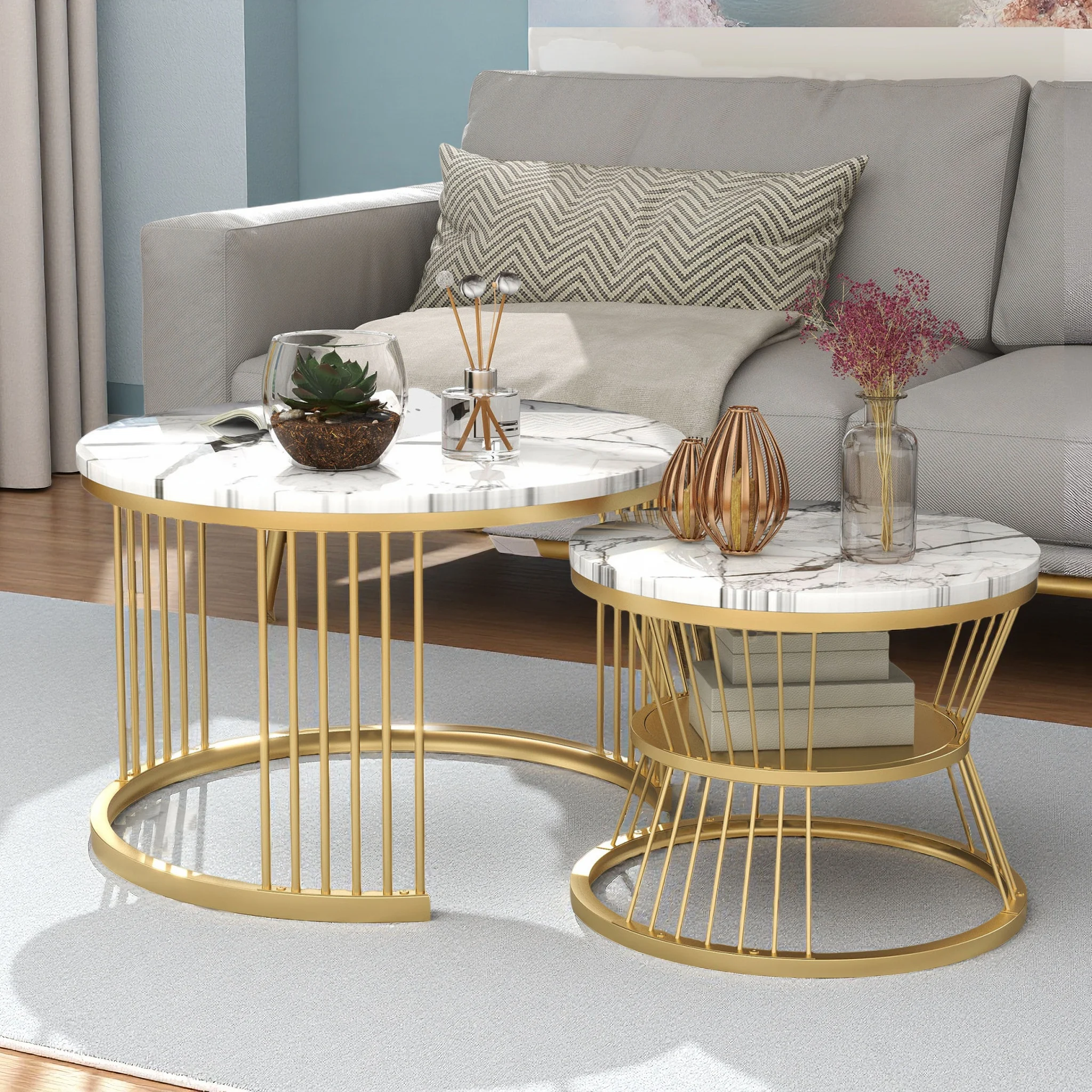 Comanlai Moderner verschachtelter Couchtisch, Couchtisch-Set, Marmorfurnier, Sofa, Seitennest der Tische, runde Beistelltische, goldener Rahmen