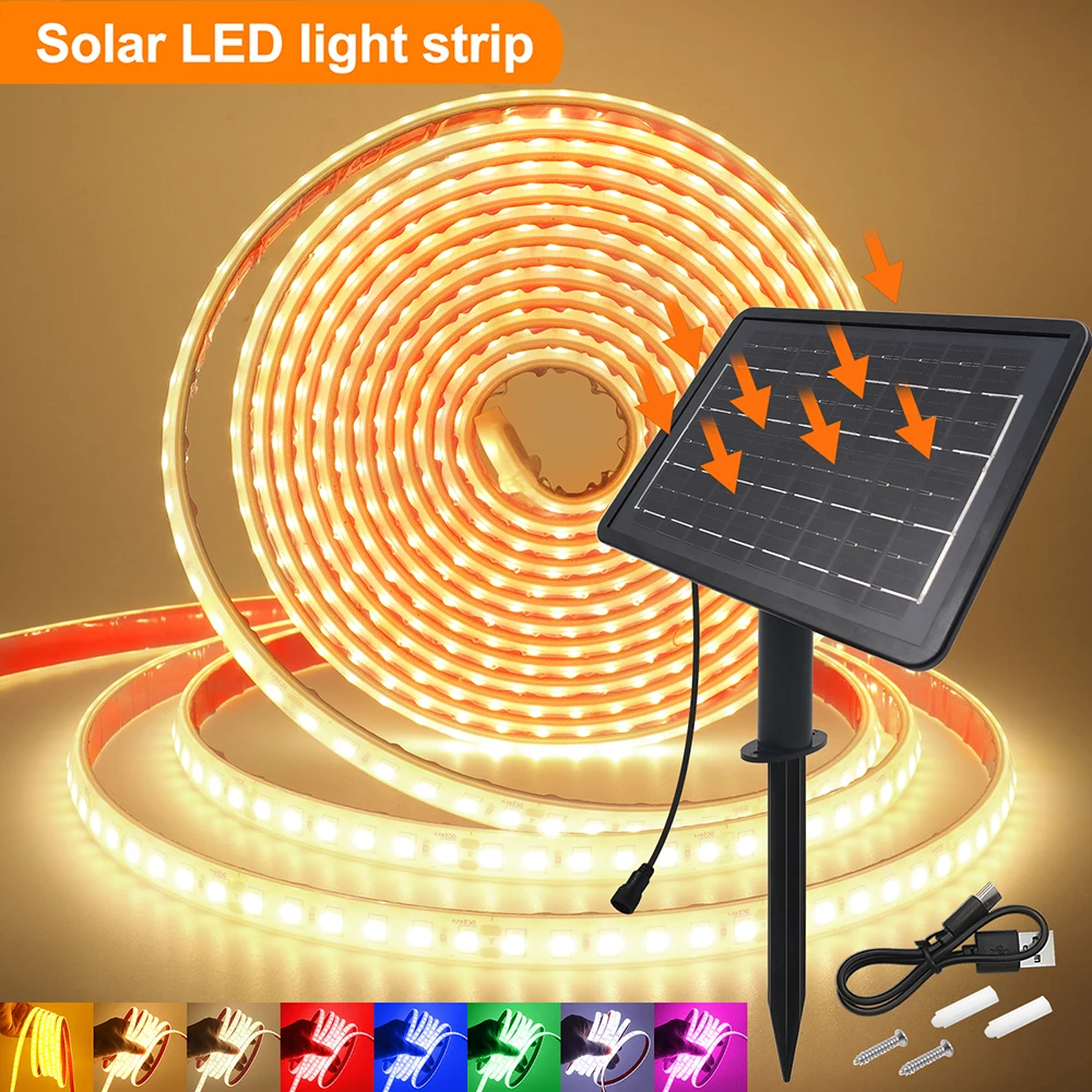 24 V LED-Lichtleiste, solarbetrieben, wasserdicht, 8 Modi, 2835, 120 LEDs/m, Weiß, Rot, Grün, Blau, Flexi-Lampe, IP68, Party, Garten, Außendekoration