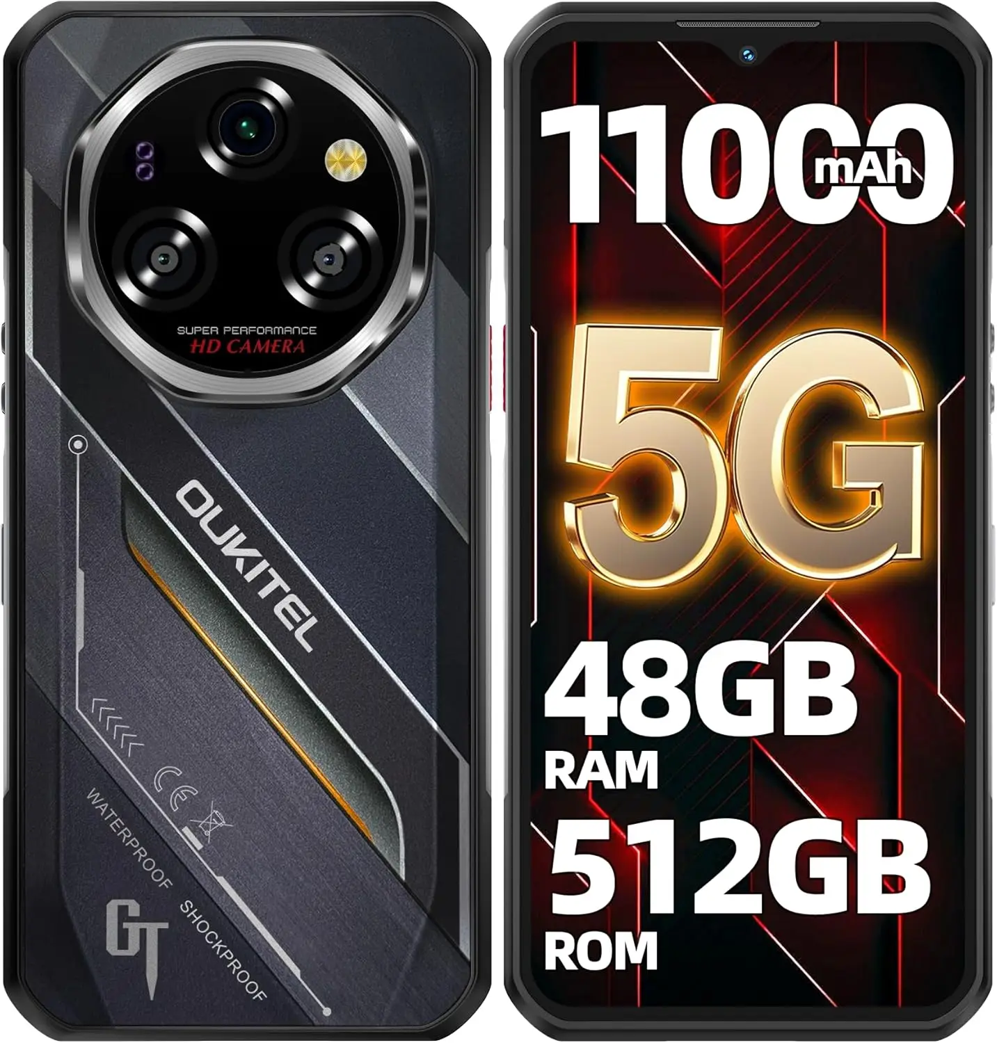 OUKITEL WP62 Robustes 5G Smartphone, Entsperrt, 48GB+512GB/2TB, 11000mAh/33W Akku, 6,6 Zoll FHD+ 120Hz Display, 108MP Kamera, Robustes Smartphone