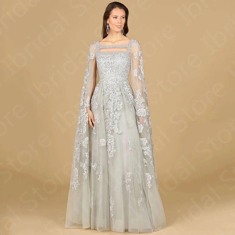 Wunderschöne silberne Mutter der Braut Kleider Spitze Mutter Kleider lange Ärmel Boots hals Hochzeits feier Kleider blau appliziert Image