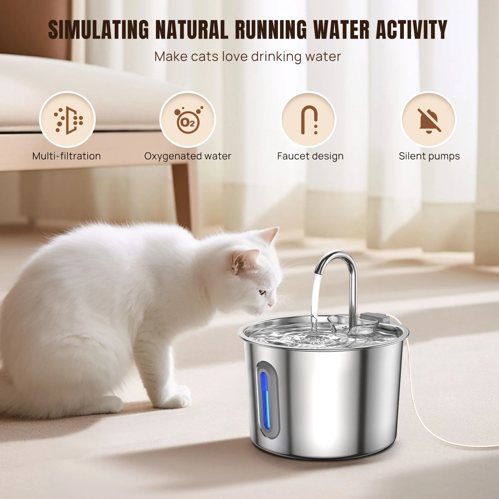 Katzenbrunnen, Edelstahl-Trinkbrunnen für Katzen, 2,2 l, leiser Katzen-Center-Trinkbrunnen für Hunde mit Wasserstandfenster Image