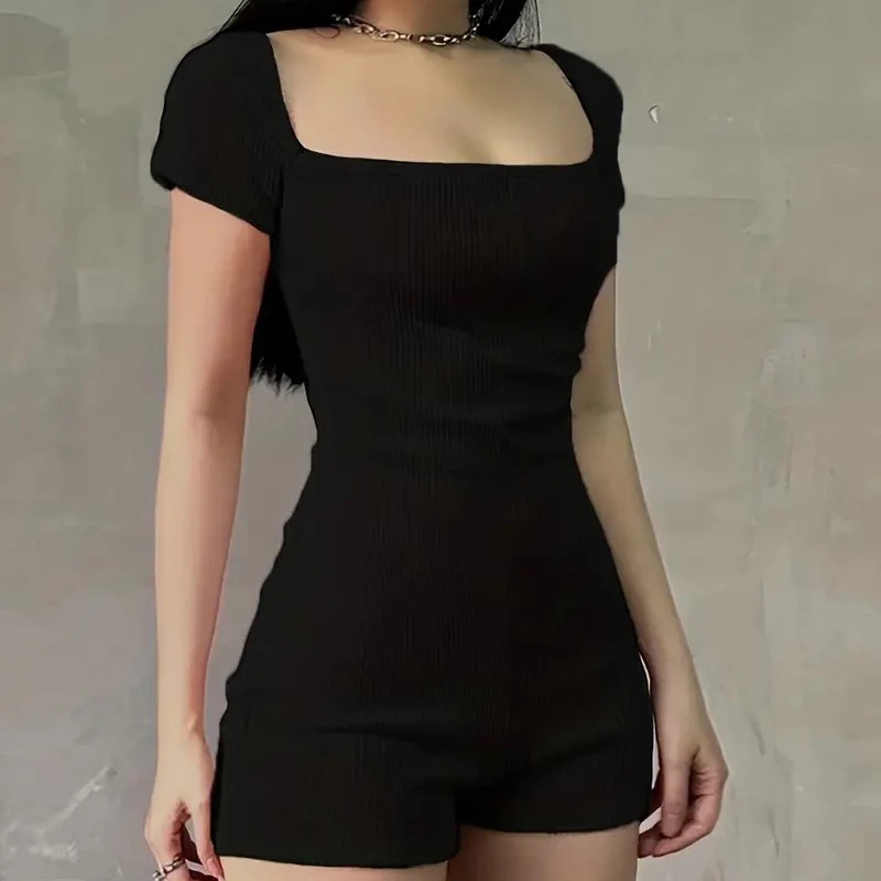Y2k Schwarzer Overall Sexy Kurzarm Strampler Damen Slim Solid One Piece Outfits Overall 2024 Sommer Bodycon Rückenfreie Playsuits