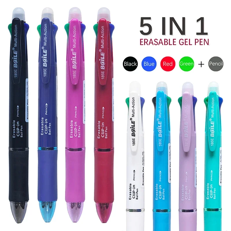 Kreativer 5-in-1 löschbarer Gelstift, 0,7 mm, Blau, Schwarz, Rot, Grün, magische Minen, 0,5 mm Druckbleistift, Schreiben, Malen, Schreibwaren