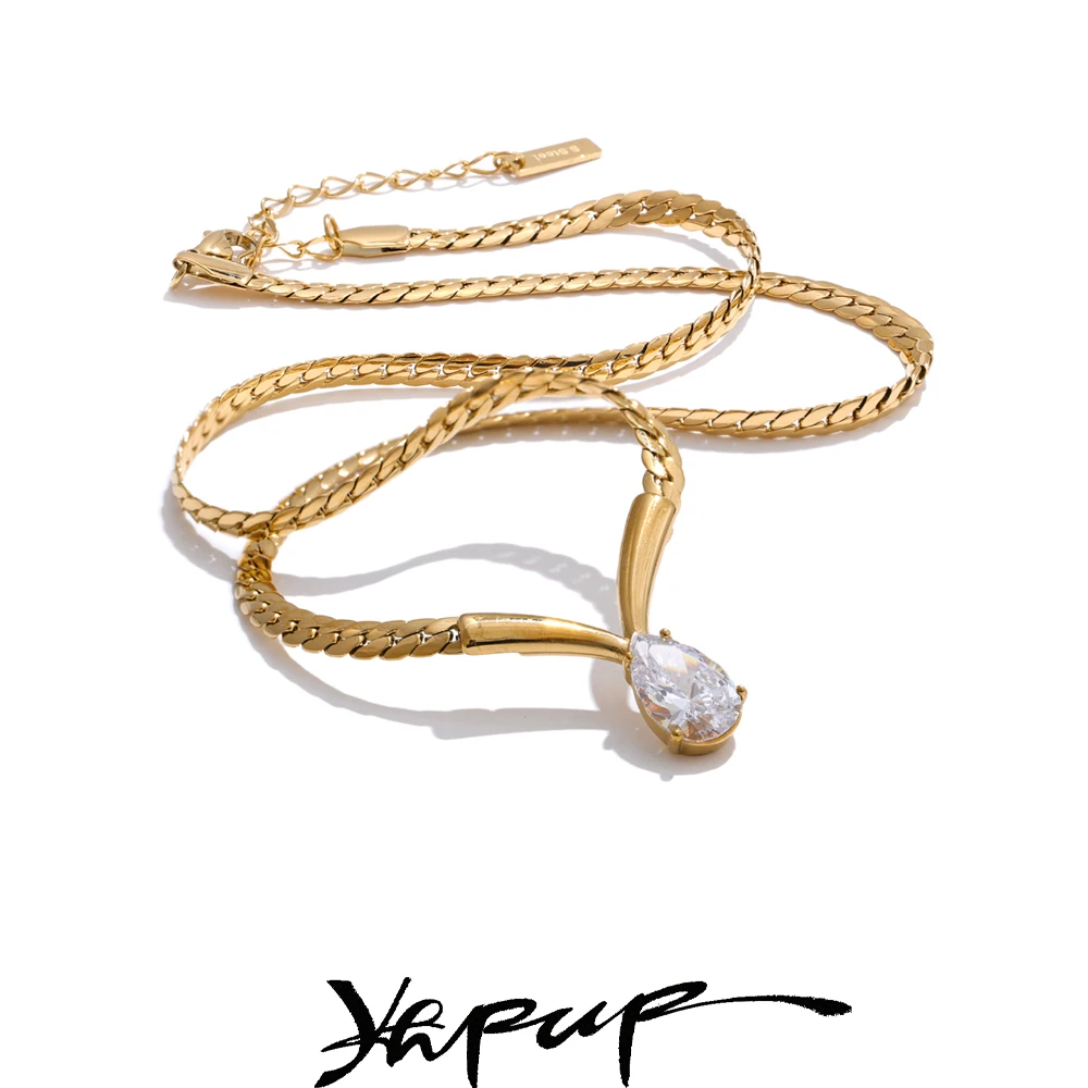 Yhpup Edelstahl, hochwertige polierte Kette, Zirkonia, Statement-Halskette, echtes Gold, PVD-beschichtet, modischer, glänzender Schmuck Image