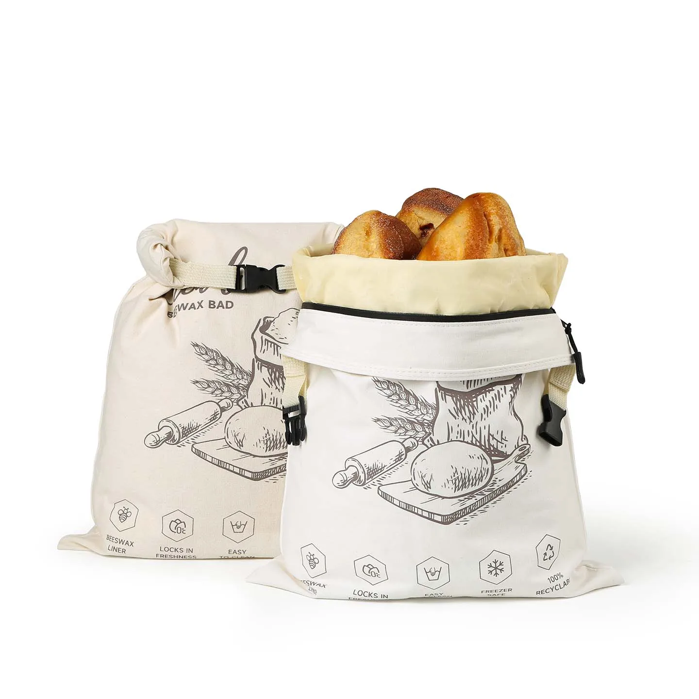 Aufsteckbarer Bienenwachs-Brotbeutel mit Reißverschluss, wiederverwendbarer Sandwich-Bienenwachs-Brotbeutel in Lebensmittelqualität Image
