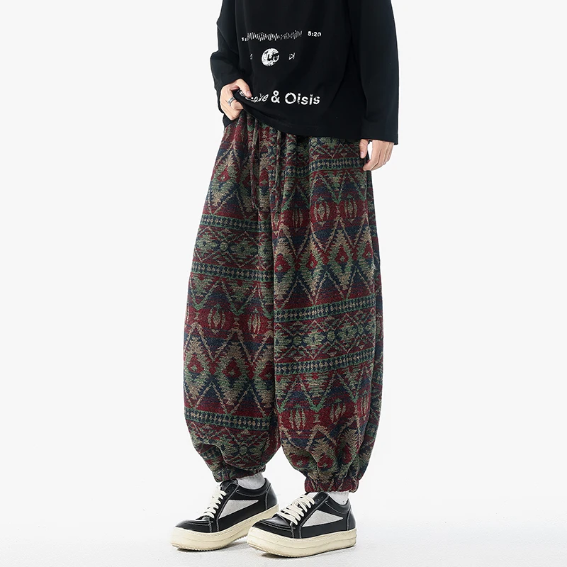 Hosen männer Vintage Geometrische Gestrickte Jacquard Hosen Casual Ethnische Tribal Stil Breite bein Hosen Aut Winter Männer Dicke Heiße verkäufe