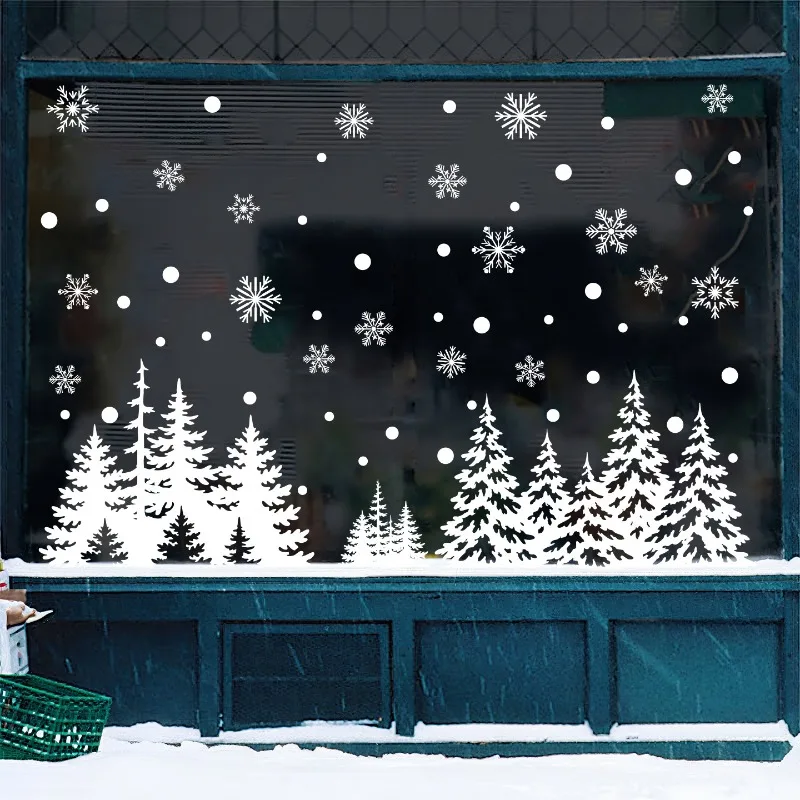 Weiße Aufkleber, Weihnachtsdekoration, PVC, statisch haftend, Fensteraufkleber, Weihnachtsbaum, Schneeflocken, Winterszene, Fensteraufkleber Image