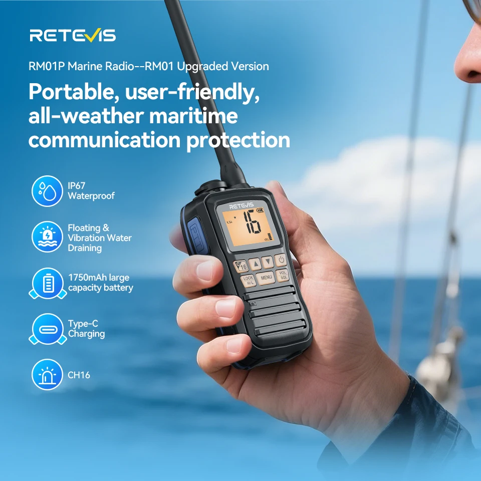 Retevis RM01P IP67 Wasserdichtes Walkie-Talkie, lange Akkulaufzeit, tragbares Marine-Radio, Typ-C, schwimmendes Design zum Bootfahren, Angeln Image