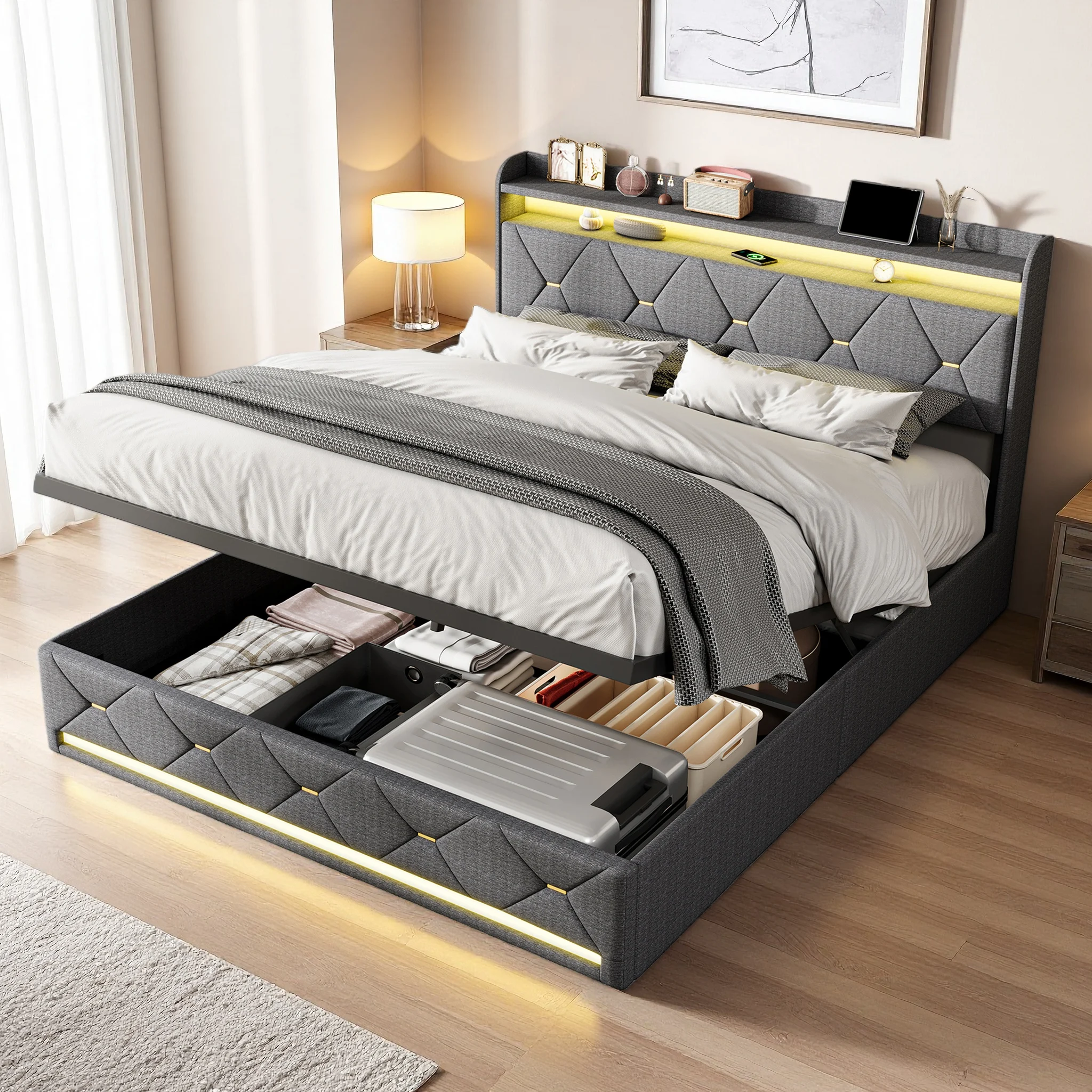 Rosahqnda Lit rembourré 140x200cm avec charge sans fil, port USB/Type-C, lumière LED, mobilier de chambre moderne, lit de rangement, linge de maison, gris