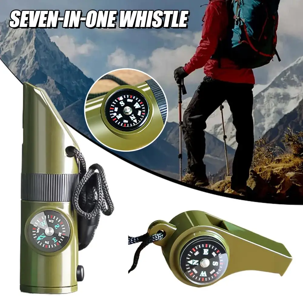 7-in-1-Dschungel-Überlebenspfeife, Wanderpfeife, Kompass, Spiegel, Taschenlampe, Lupe, LED-Licht, Thermometer, Aufbewahrung, Kompass-Werkzeug Image