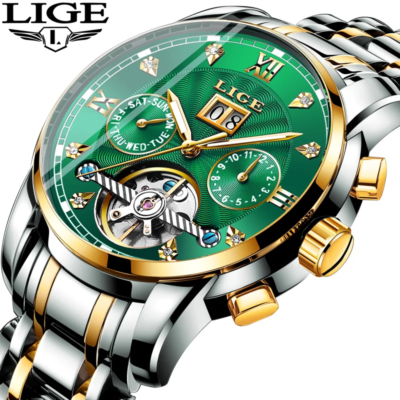 LIGE Automatikuhr für Herren Top Original Luxus Skelett-Schwungrad Mechanische Armbanduhren Klassischer Kalender Geschäftsmann-Uhr Image