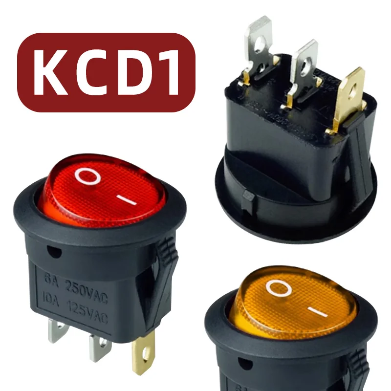 3-poliger Wippschalter SPST 12 V/220 V KCD1 runder Druckknopf-Netzschalter EIN/AUS mit LED-Licht Rot Gelb Blau Grün Lampe Image