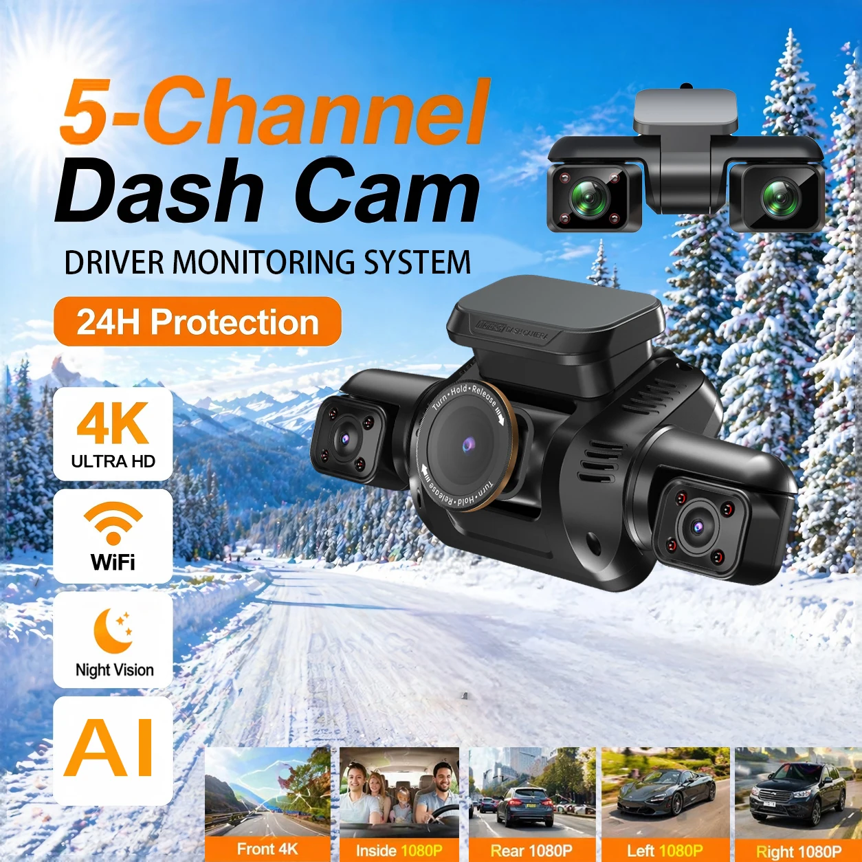 HUPEJOS 360° ° V8 Ultra-5CH 4K Dash Cam mit AI Driver Monitor System DMS Integrierte GPS WiFi Nachtsicht, 24/7 Parkmonitor-Modus Image
