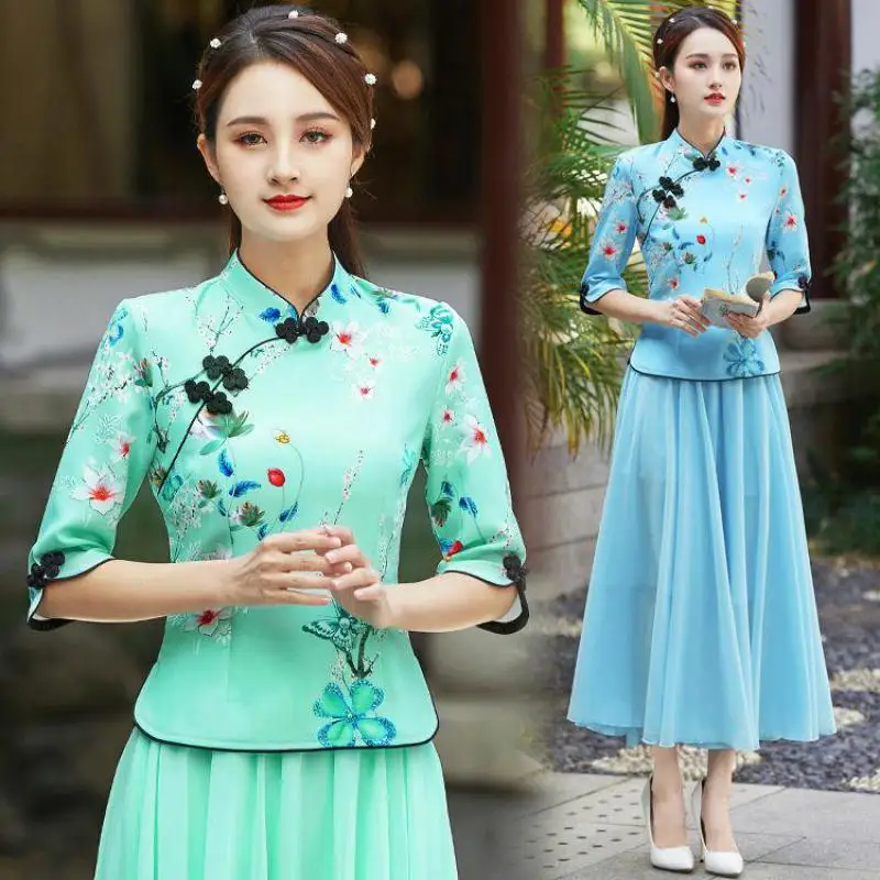Ethnischen Stil besticktes Hemd Qipao Cheong sam Tops traditionelle chinesische Kleidung für Frauen Mode Armband Ärmel Hanfu modern Image