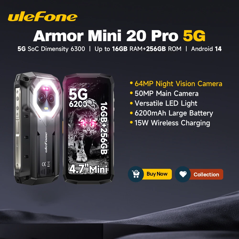 Ulefone Armor Mini 20 Pro 4,7 Zoll robustes Telefon 5G Smartphone Android 14 6200 mAh 16 GB (8+8) 256 GB 64 MP Nachtsicht 33 W Schnellladung Image