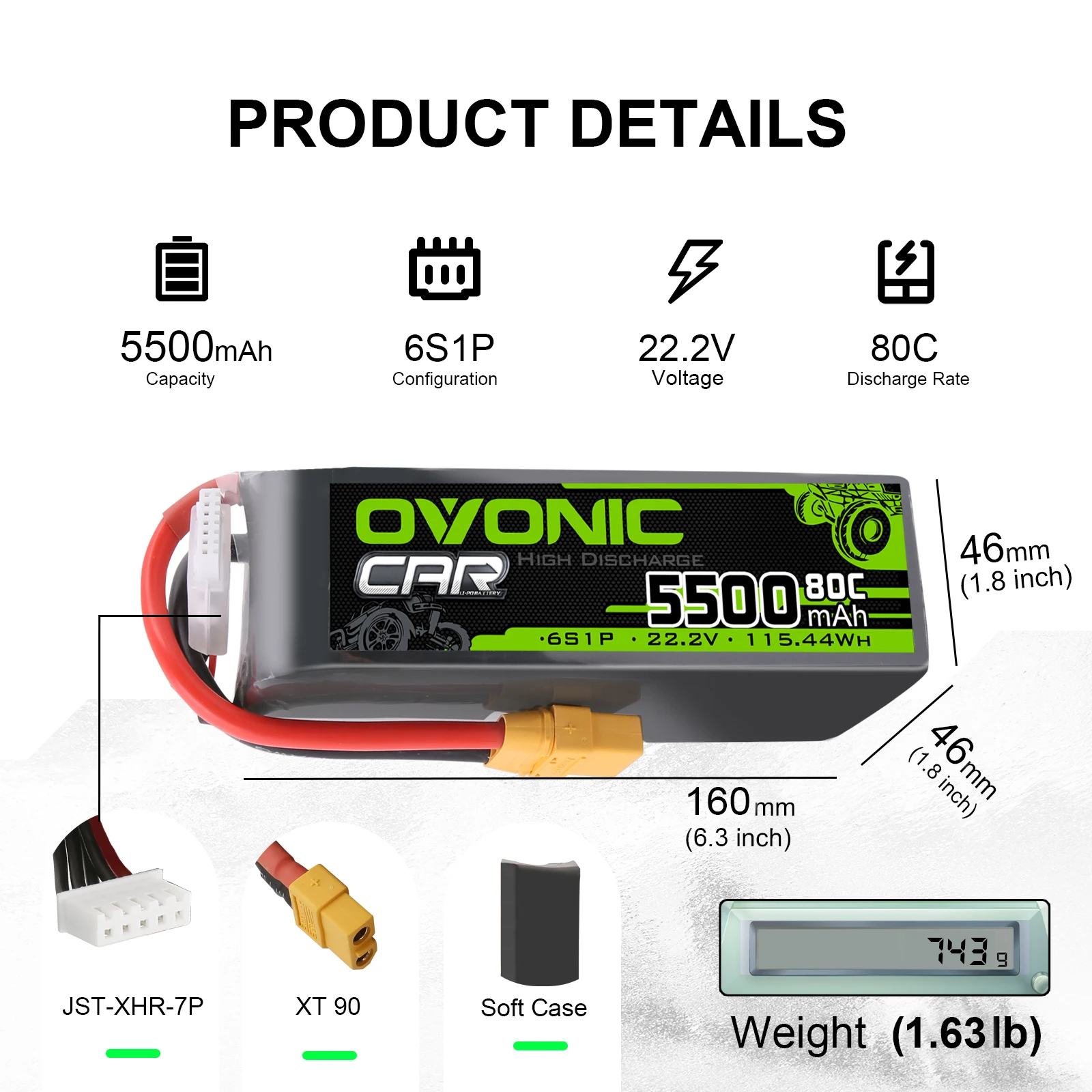 Ovonic 80C 6S 5500 mAh LiPo-Akku 22,2 V mit XT90 für RC-Car-Flugzeug-Heli Image
