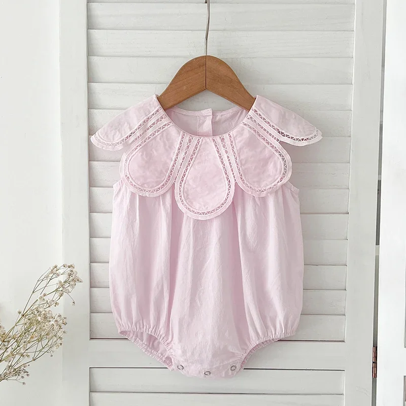 Sommer 0-24M Baby Mädchen Kleidung Blütenblatt Kragen Neugeborenen Baby Mädchen Strampler Ärmellose Baumwolle Spleißen Kleinkind Baby Mädchen overall Image