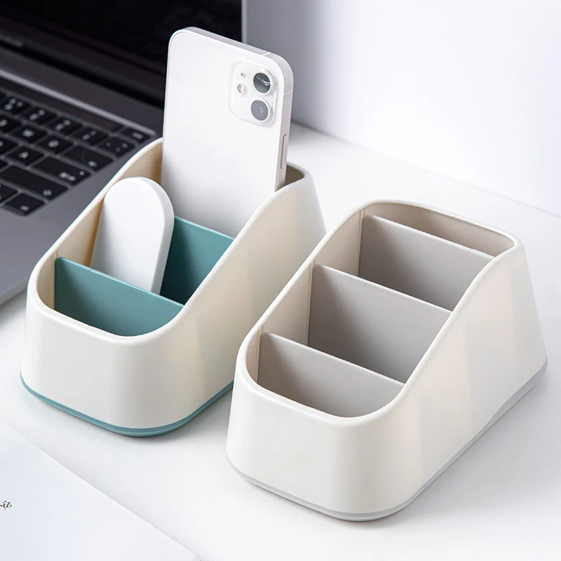 Fernbedienungshalter mit 4 Fächern, Desktop-Aufbewahrungsbox, Trapezförmiger Korb für TV-Fernbedienungen, Telefone und Schreibwaren, Organizer für Zuhause und Hotel Image