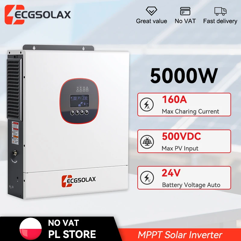 ECGSOLAX 5KW 24V Onduleur Solaire Hybride 220Vac avec MPPT 160A Onduleur Solaire Hybride Intégré WIFI Onduleur Hybride Hors Réseau
