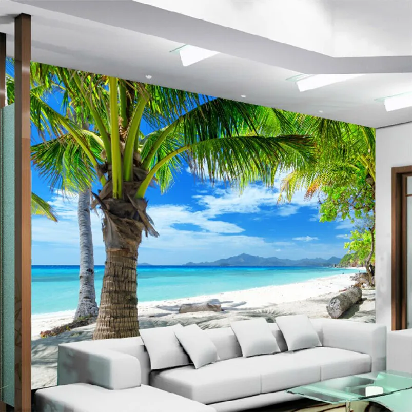 Benutzerdefinierte 3D-Wandbild, mediterran, modern, minimalistisch, Meer, Strand, Kokosnuss, Wandmalerei, Sofa, Wohnzimmer, TV-Hintergrund, Fototapete
