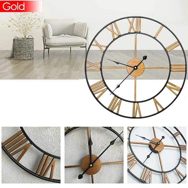40/47/60/80 cm große 3D-Wanduhr mit römischen Ziffern, Kunst, hohle runde Wandbehang, Vintage-Metalluhr für Wohnzimmer und Zuhause