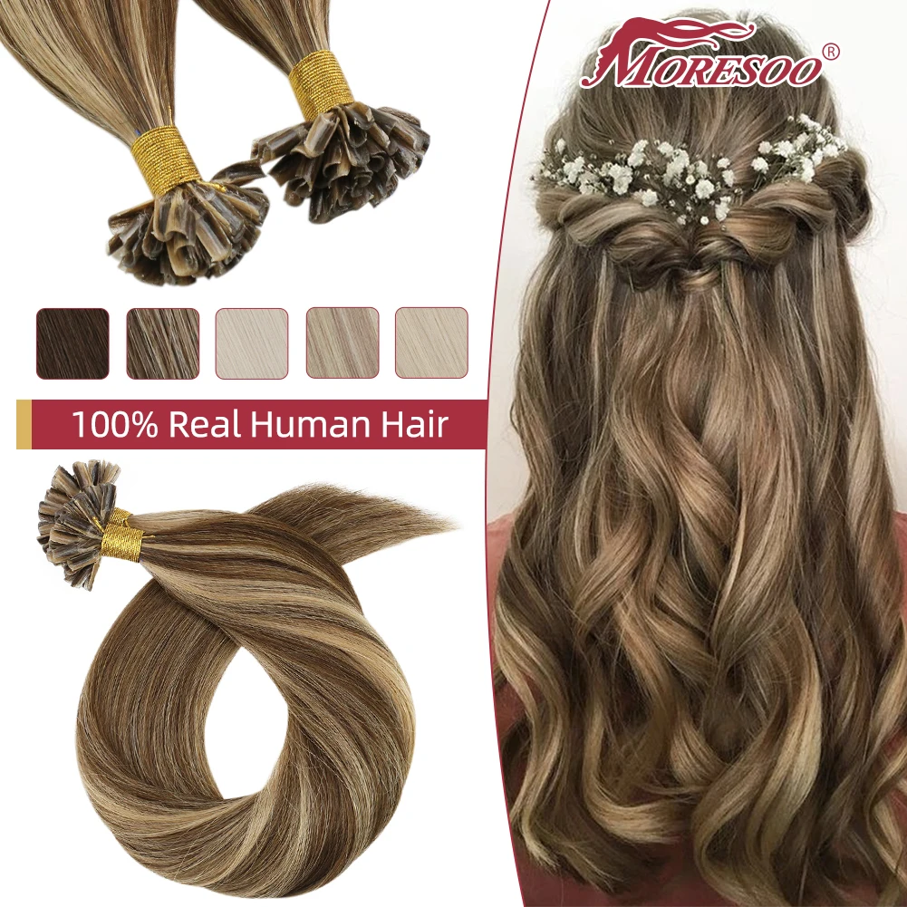 Moresoo Nails Tip Haarverlängerungen, 100 % echtes Echthaar, brasilianisches Haar, maschinelles Remy, 50 g, 50 S, für Frauen, gerade U-Tip-Extensions Image