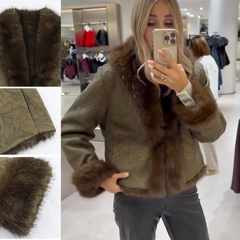 HH Weibliche Herbst Vintage Grün Winter Verdicken Jacke Revers Pelz Kragen Faux Pelz Stickerei Langarm Taschen Kausalen Warme Mäntel