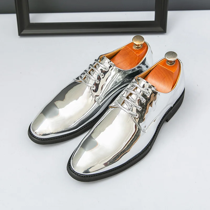 Luxus Silber Mann Patent Leder Schuhe Große Größe 38-50 Party Kleid Hochzeit Schuhe Männer Spitz Leder Schuhe Designer oxford