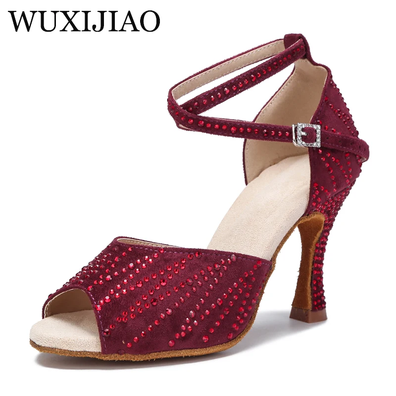 WUXIJIAO Frauen Kristall Latin Dance Schuhe Schwarz Grün Ballsaal Salsa Schuhe Mädchen Zeigen Latin Dance Schuhe