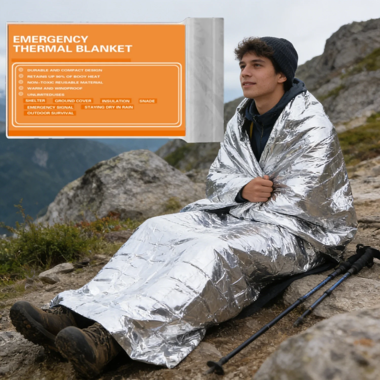Silberne Reflektierende Notfalldecke, Outdoor Winddichte Thermische Isolierdecke für Camping und Wandern Image