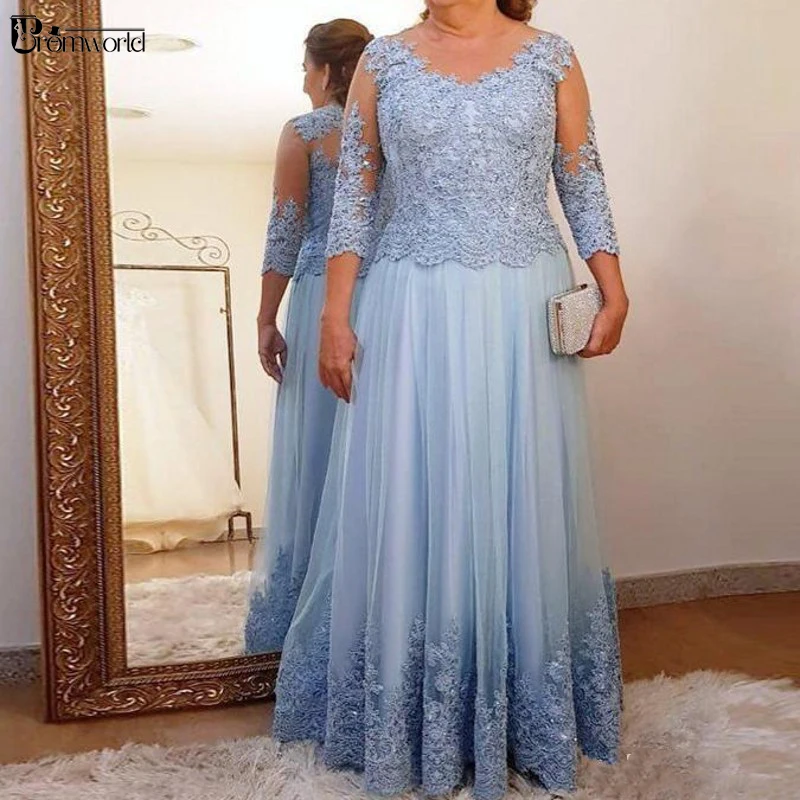 Blau Plus Größe Abend Mutter Der Braut Kleider A-linie 3/4 Ärmeln Tüll Appliques Bräutigam Lange Mutter Kleider Für Hochzeiten