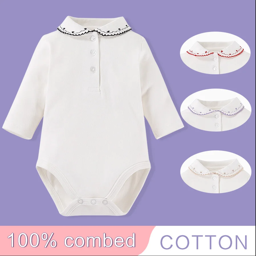 Baby Floral Kragen Strampler Frühling Herbst Hemd Infant Overall Baumwolle Mädchen Kleidung Langarm Neugeborenen Baby Kleidung Weiß Image