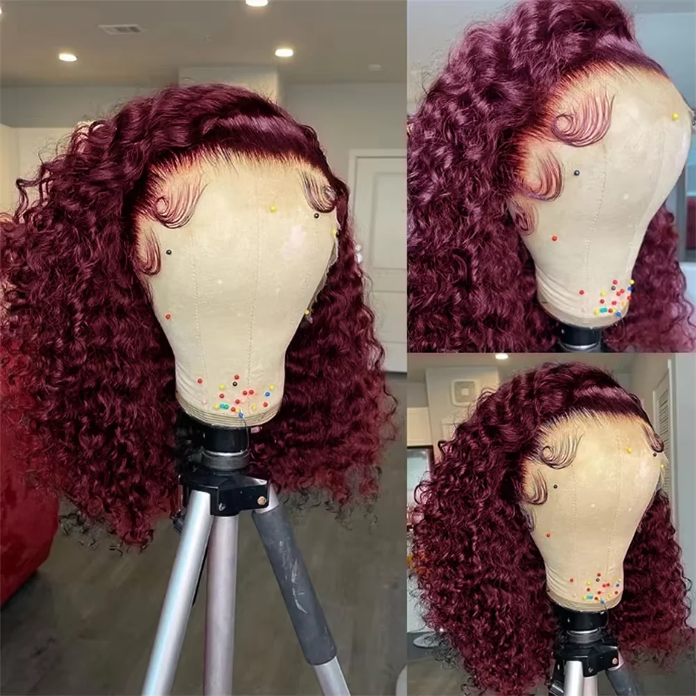 Lockige Bob 99J Burgunderrote Lace-Front-Perücken, 100 % Echthaar, 13 x 4 Lace-Frontal-Perücke, rot, kurze, tiefe Wasserwellen-Perücke, Bob-Lace-Front-Perücken