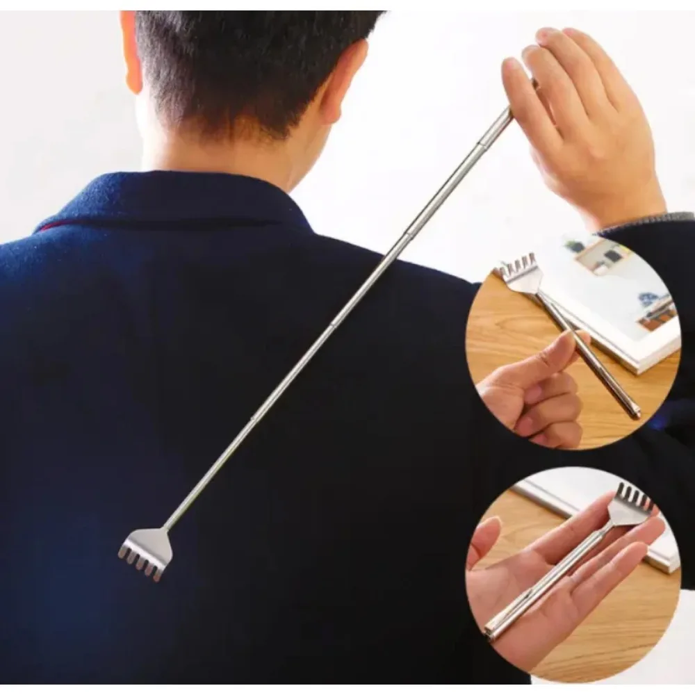 Praktisches Teleskop-Taschen-Kratzmassageset aus Edelstahl, praktischer Stiftclip, Rückenkratzer, Entspannungs-Rückenmassagegerät Image