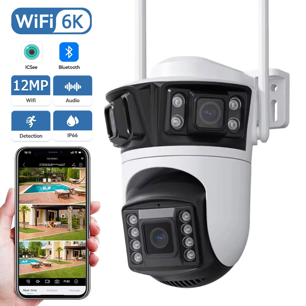 HD 6K 12MP Dreifach-Objektiv-Kamera 6MP 3-Objektiv-Außenkamerasystem KI-Menschenerkennung WLAN CCTV Wasserdichte Videoüberwachung iCsee App Image