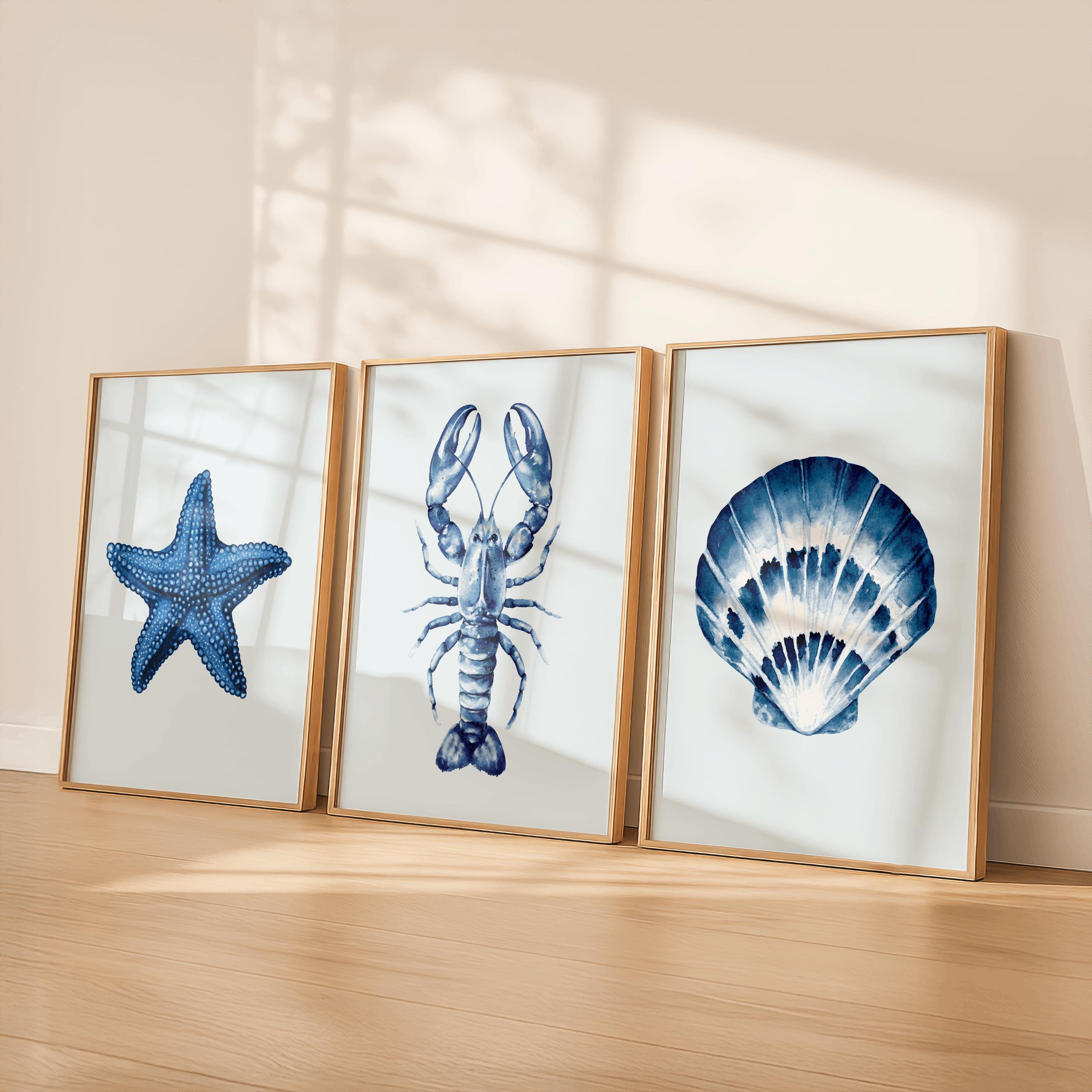 Set di 3 decorazioni murali costiere, decorazioni nautiche blu, opere d'arte con conchiglie di aragosta e stelle marine, decorazioni murali per case s