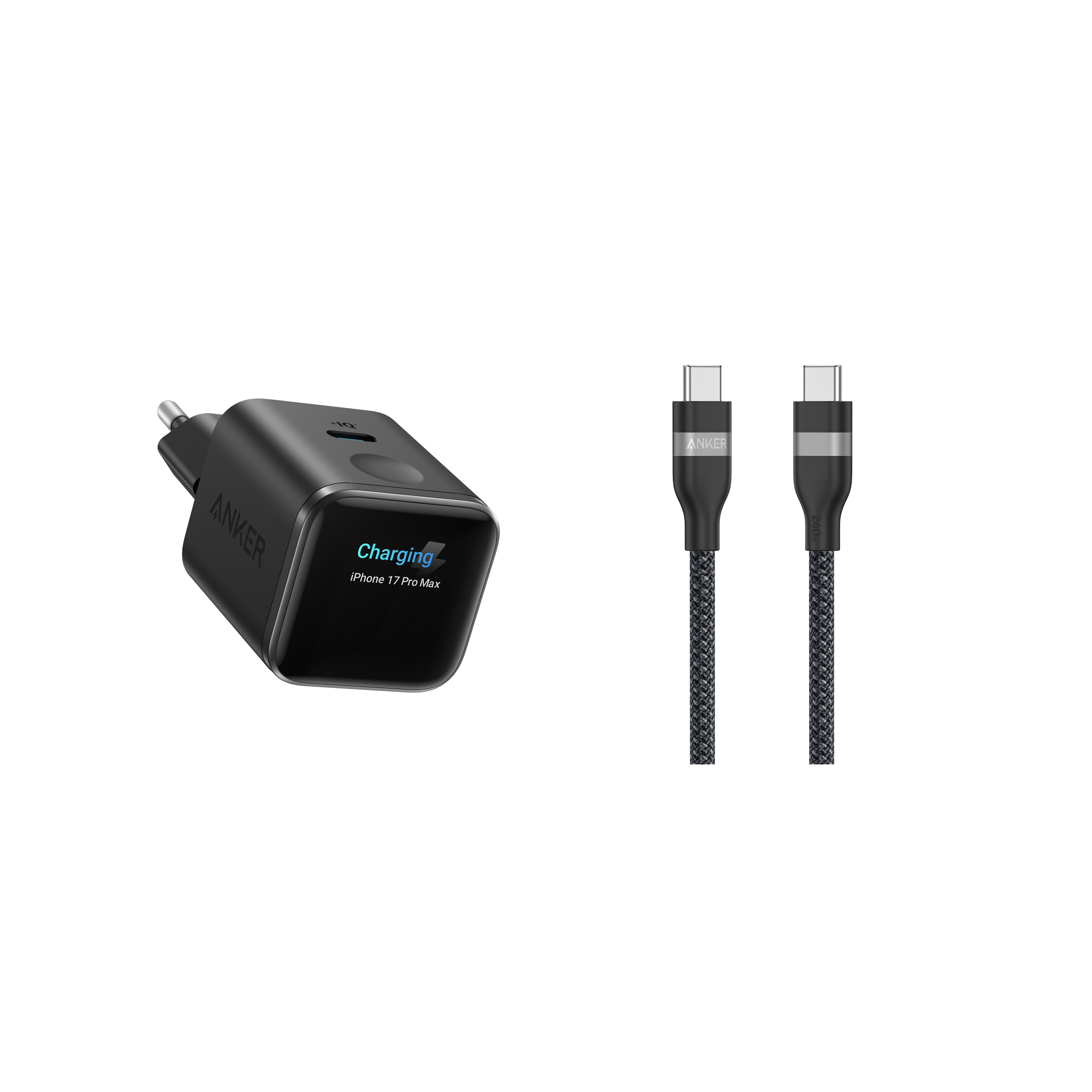 Anker Nano Ladegerät (45W, Smart Display)+Anker USB-C auf USB-C Kabel (90cm/180cm, 240W, Upcycled-Geflochten) Image